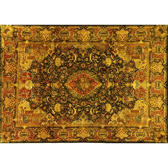 Ahgly Company Machine Washable Indoor Rectangle Persian Yellow Traditional Area Rugs, 5' x 7'