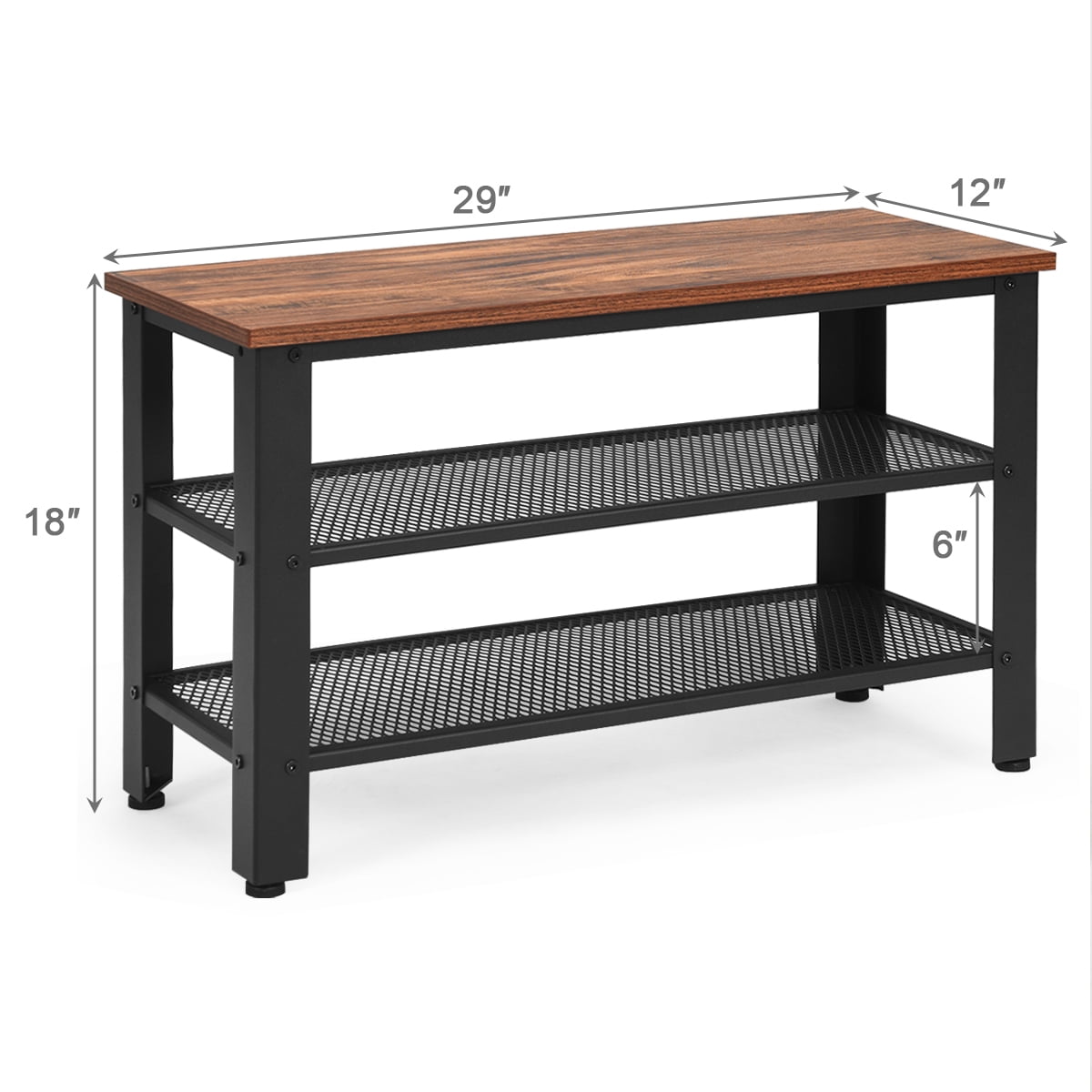 Giantex Storage Bench Rack with 2 Mesh Shelves, Metal 3-Tier Storage Industrial Shoe Rack Organizer, Shoe Bench for Entryway Hallway Living Room (Rustic Brown)
