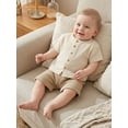 thumbnail image 4 of BemeyourBBs Toddler Baby Boy Summer Clothes Infant baby Boys Cotton Linen Outfits Short Sleeve Solid Color Button Down Shirt Tops and Elastic Waist Pockets Shorts 2Pcs Set, 4 of 9