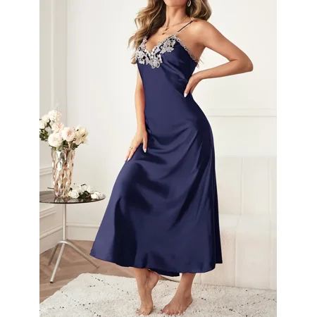 

Elegant Lace Trim Pajamas Set Long Sleeve Night Robe With Belt & Deep V Spaghetti Strap Nightdres Women‘s Sleepwear