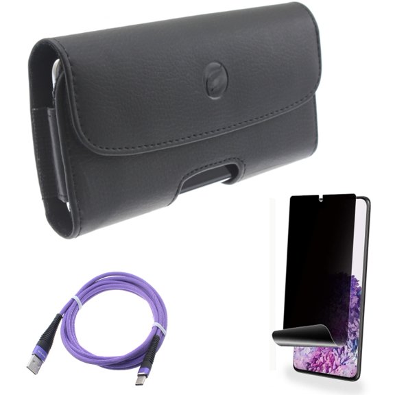 6ft USB Cable w Case Belt Clip w Privacy Screen Protector for Samsung Galaxy S20 Plus - Purple Type-C Charger Cord, Leather Holster Cover, TPU Film [NOT GLASS] [Fingerprint fits Galaxy S20 Plus