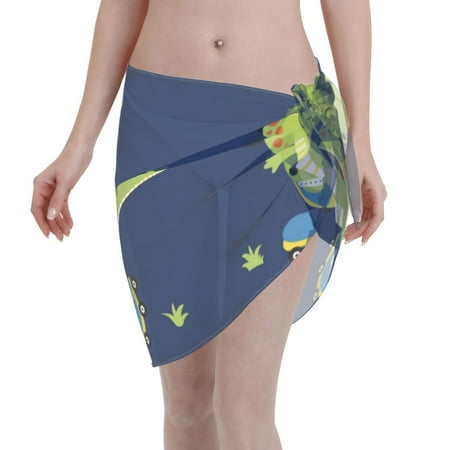 Qekee Dino Playing Roller Skate Women s Short Sarongs Cover Ups Sheer Bikini Wraps for Swimwear