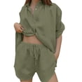 thumbnail image 2 of Short Sets for Women Loose Fit Cotton Linen Short Sleeve Button Down Collared Shirt and Wide Leg Shorts 2 Piece Matching Set, 2 of 6