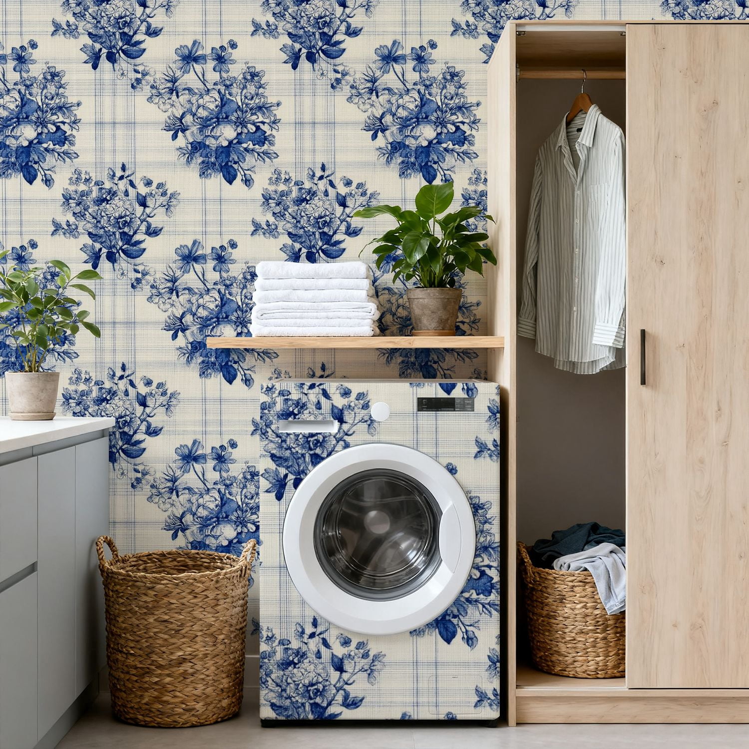 Farmhouse Peel and Stick Wallpaper 17.7in x 9.8ft Blue Floral Roses Wildflowers Contact Paper Vinyl Self-Adhesive Removable Wall Paper for Bedroom Kitchen Cabinet Renter Friendly