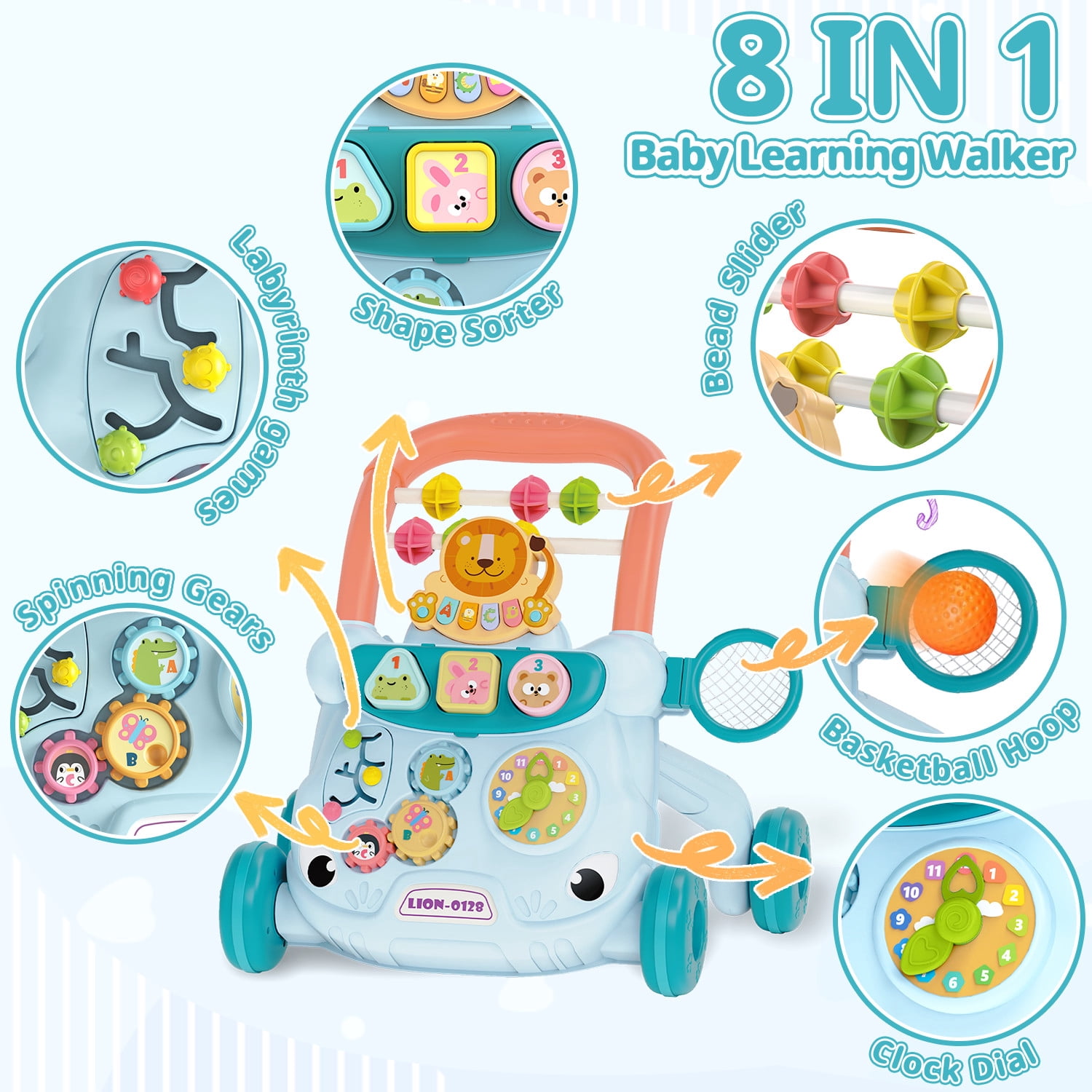 JoyStone Baby Walker with Music Piano and Activity Toys, Educational Push Walker for Infants 6-12 Months (Blue)