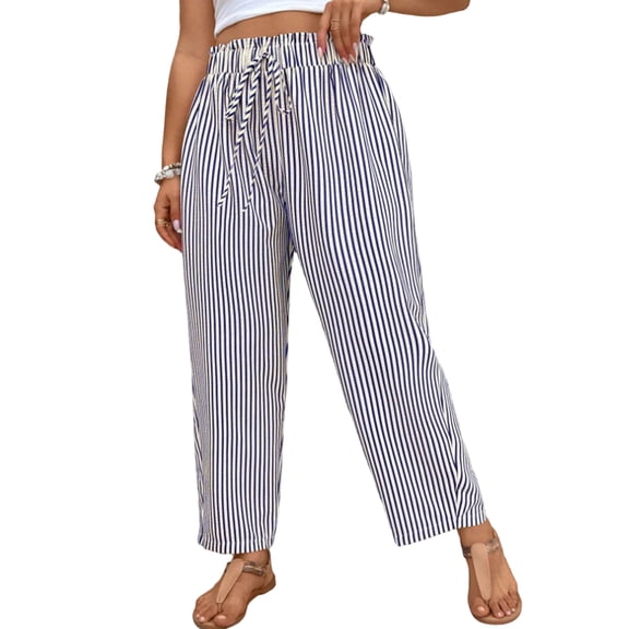 Cotton Linen Pants for Women Trendy Baggy Wide Leg Striped High Waisted Cropped Casual Pinstripe Pants
