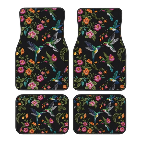 KAKALAD Beautiful Hummingbirds Tropical Flowers Embroidery Car Floor Mats 4PC Set Carpet Protection, Universal Fit for Car SUV VA & Truck, Vehicle Front & Rear