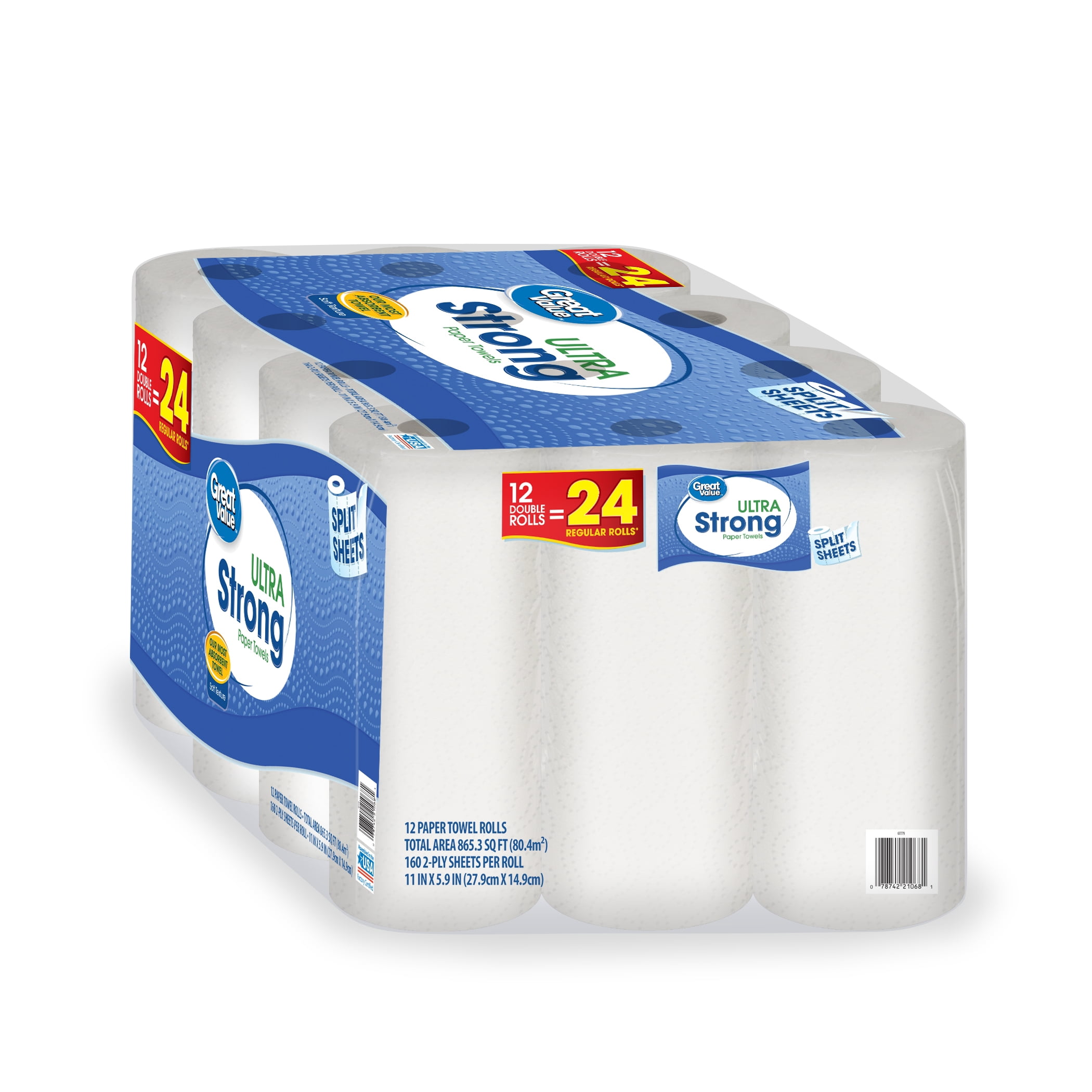 Great Value Ultra Strong Paper Towels, Split Sheet, 12 Double Rolls