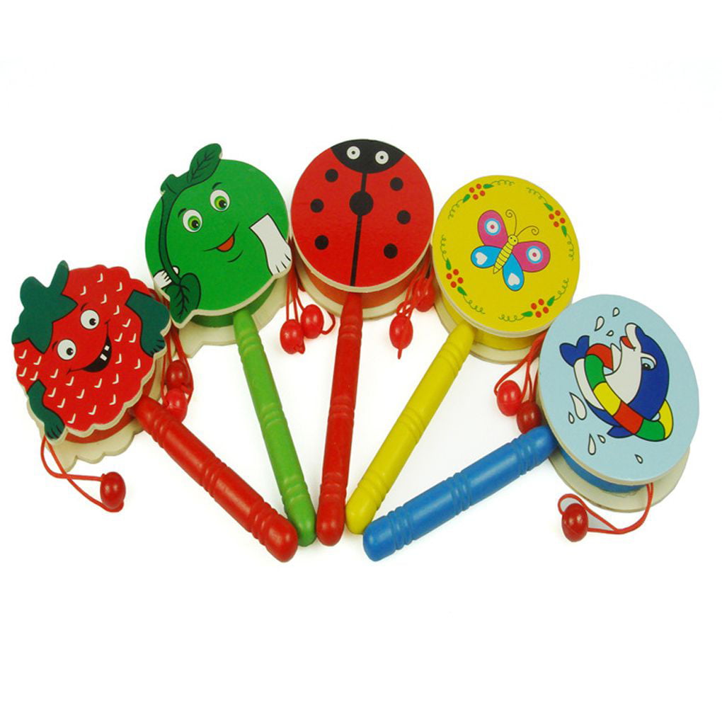 Lovely Wooden Cartoon Shape Hand Bell Baby Educational Musical Toy Color Random 