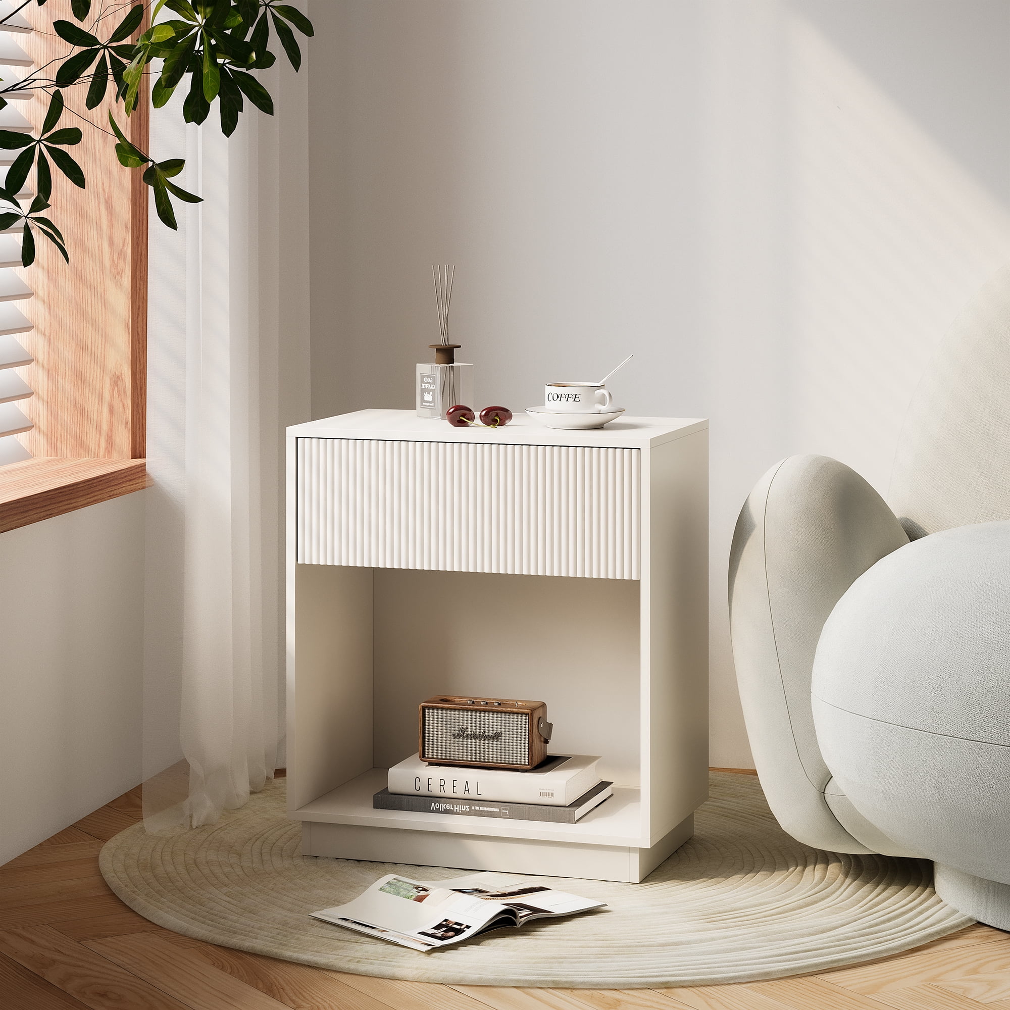 Fluted Nightstands Set Of 2, Modern Mid - Century Wood Bedside Table With Drawer & Open Storage Shelf, End Table For Bedroom, Living Room, Office, Sofa Side Couch White