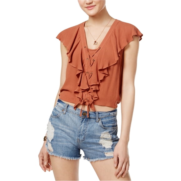American Rag Blusa de punto con volantes para mujer, marrón, pequeña