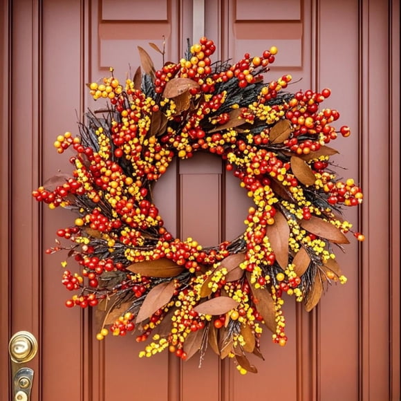 AKEGAMN Clearance! 18 Inch Fall Wreath Decor For Front Door With Pumpkins Grain Berries Leaves Large Door Wreath For Autumn Or Thanksgiving Decoration 18 Inch Fall Wreath Decor For Front Door With P