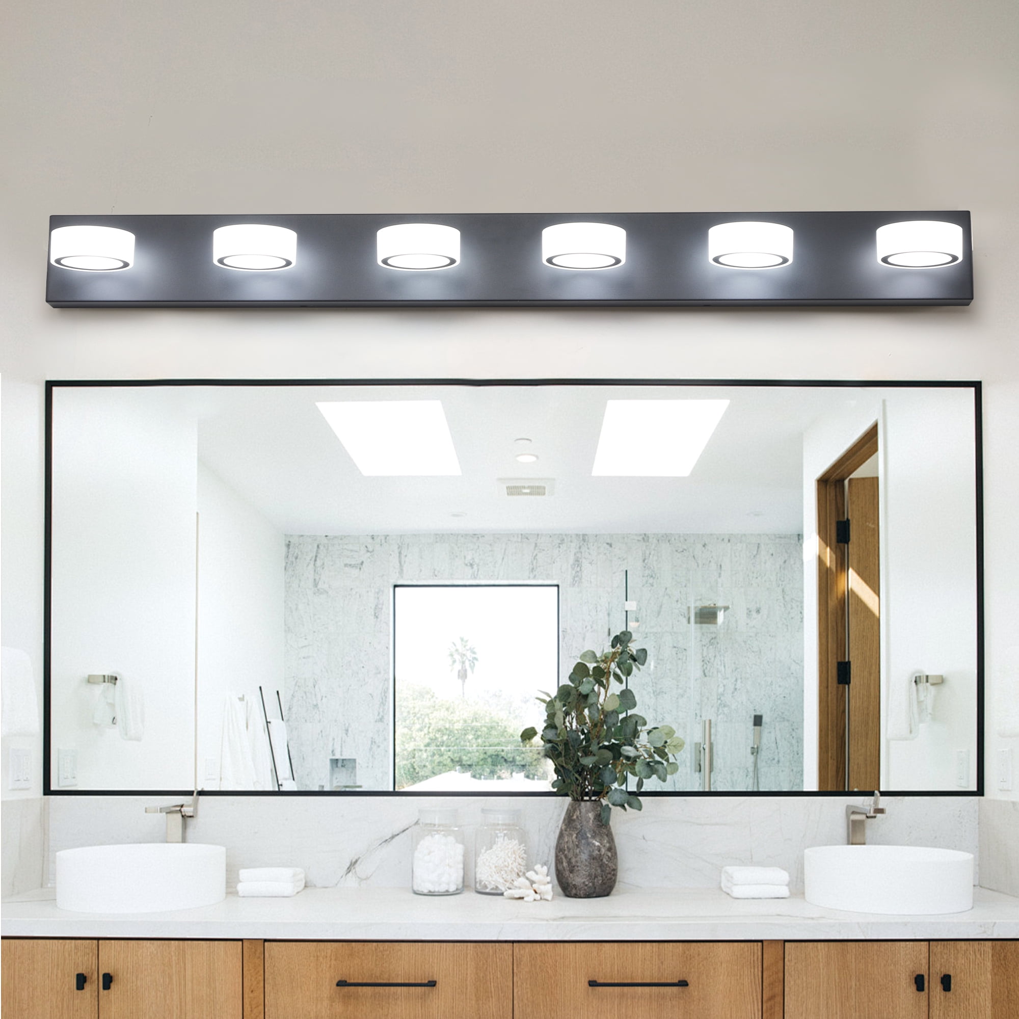 GCGAFUL 45 in. 6-Light Modern Black LED Vanity Light Bar with Acrylic Shades for Mirror, Shower, and Bathroom Decor