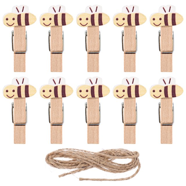 10PCS Handmade Wood Clips with Twine Cartoon Bee Mini Clothespin Photo Craft Snack Clips Party Favors for Display Photos Decoration Artwork
