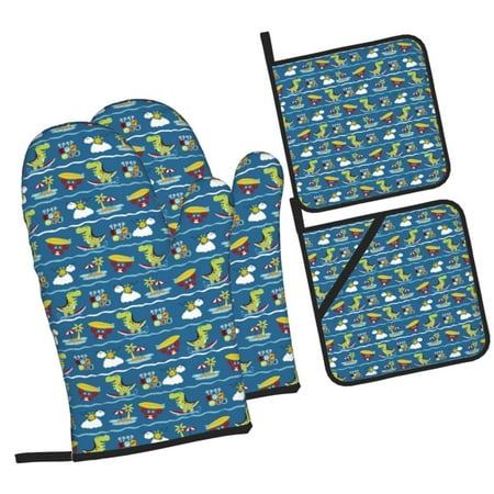 

Daiia Dinosaur on the Beach Vacation Pattern Oven Mitts and Pot Holders 4 pcs Set High Heat Resistant 500 Degree Extra Thicken Long Kitchen Cotton Oven Glove