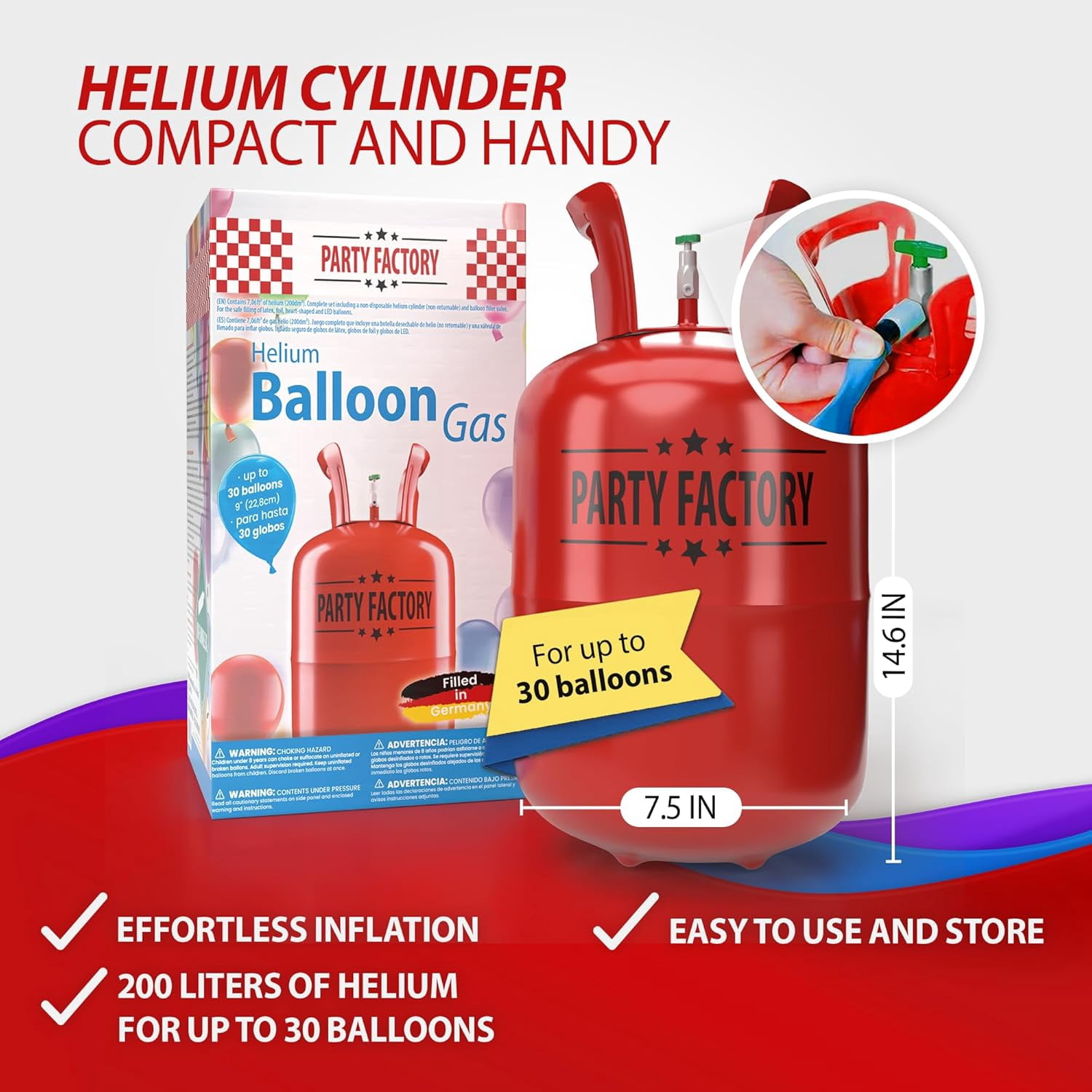 Party Factory Helium Tank for 30 Latex Balloons, Helium Cylinder 7 cu. ft. Gas for Balloons, Ideal for Birthday Party, Wedding…