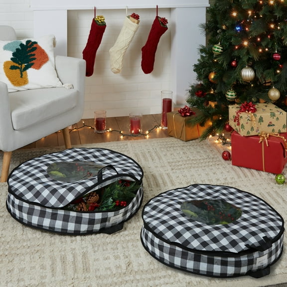 Organize It Al Set of Two Buffalo Plaid 30" Wreath Bags in Black and White
