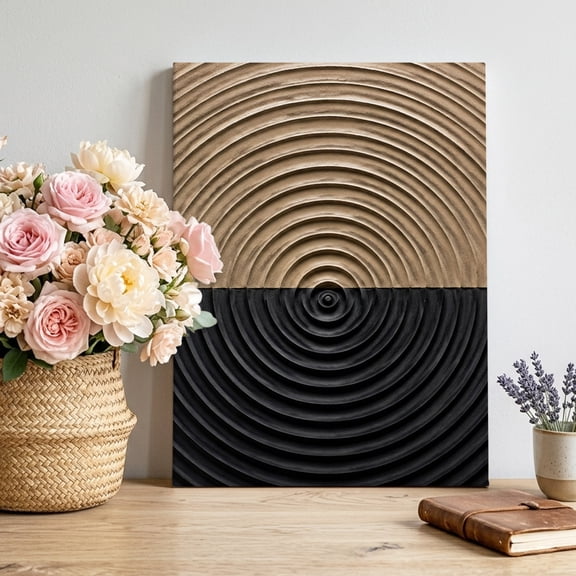 Canvas Wall Art Concentric Waves Canvas Art Print Minimalist Abstract Black Brown Plaster Relief Pictures Wall Decor for Living Room Bedroom Artwork Decorations Stretched Framed Ready to Hang 24"x32"