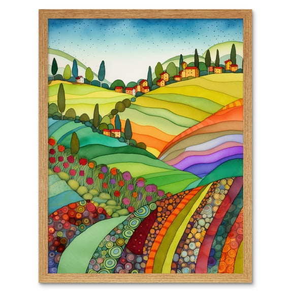 Abstract Tuscany Hills Landscape Folk Art Art Print Framed Poster Wall Decor 12x16 inch