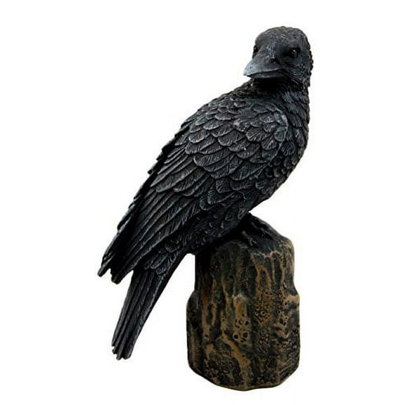 Atlantic Collectibles Dark Raven Crow Scavenger Bird Perching On Tree Stump Figurine 6"H