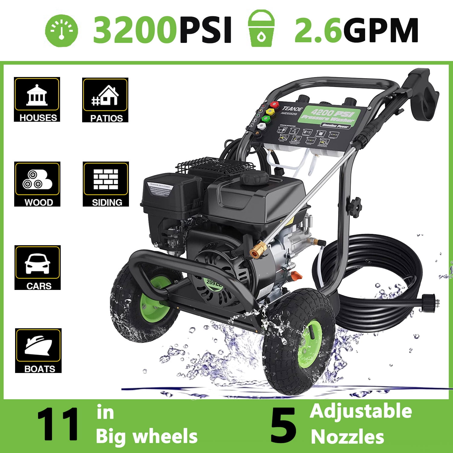 3GPM Power Washer with 5 Adjustable Nozzles 209CC Gas Powered Pressure Washer Dual soap Tank TEANDE 4200PSI Gas Pressure Washer