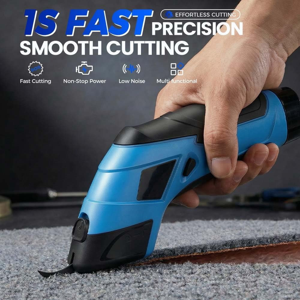 ABPETE Cordless Electric Scissors,Rechargeable Cordless Scissors Fabric Cutter, Heavy Duty Electric Box Cardboard Cutter, Multi-funtion Tool for Cutting Crafts,Box,Sewing,Carpet (Blue-2 Blade)