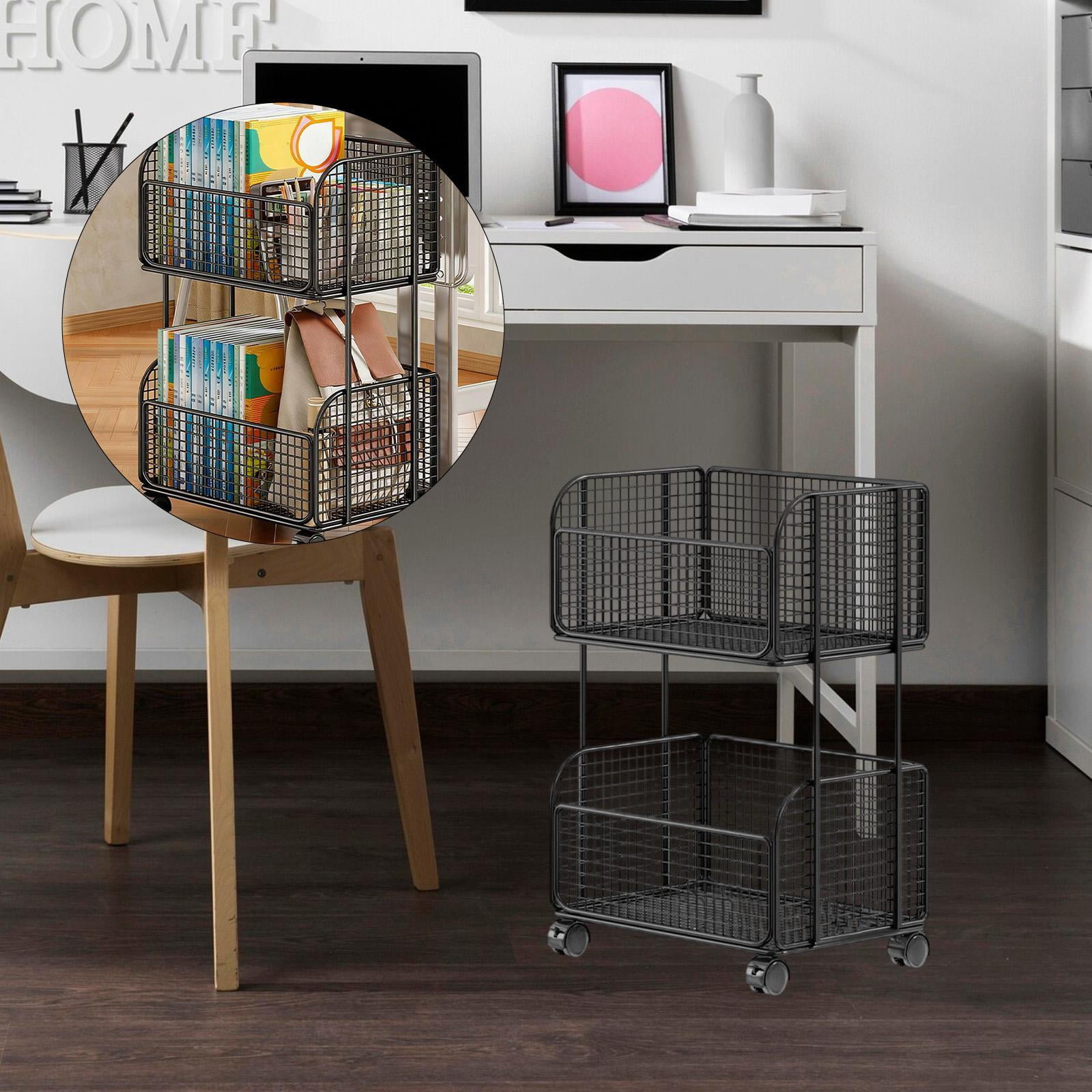 kowaku Rolling File Folder Cart,Mobile Utility Cart School with Lockable Wheels under Desk Storage Organizer for Bathroom Toiletries Black Two Layer
