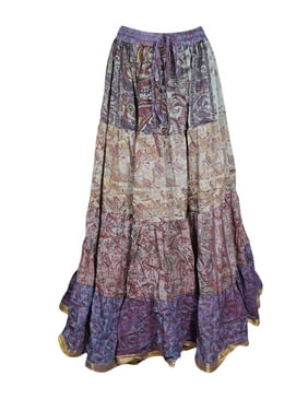 Mogul Women Lavender Maxi Skirt Vintage Tiered Full Flared Recycle Sari Printed Summer Beach LONG Skirts M/L