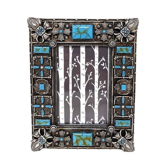 Unique Southwestern Rectangular Turquoise Gemstone Photo Frame (4x6) - Tabletop Decor | Rustic Picture Frame - Western Home Décor