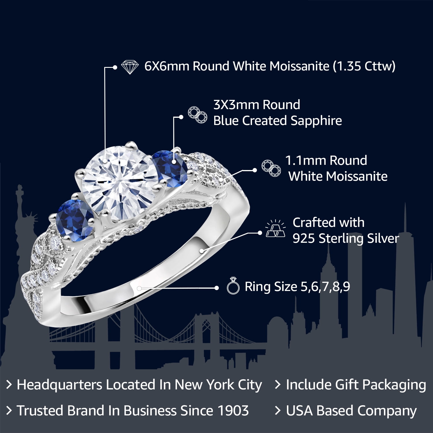 Gem Stone King 1.35 Cttw White Moissanite and Blue Created Sapphire 3-Stone Engagement Ring for Women | 925 Sterling Silver | Round 6MM and 3MM | Three Stone Wedding Anniversary Promise Ring | Size 5