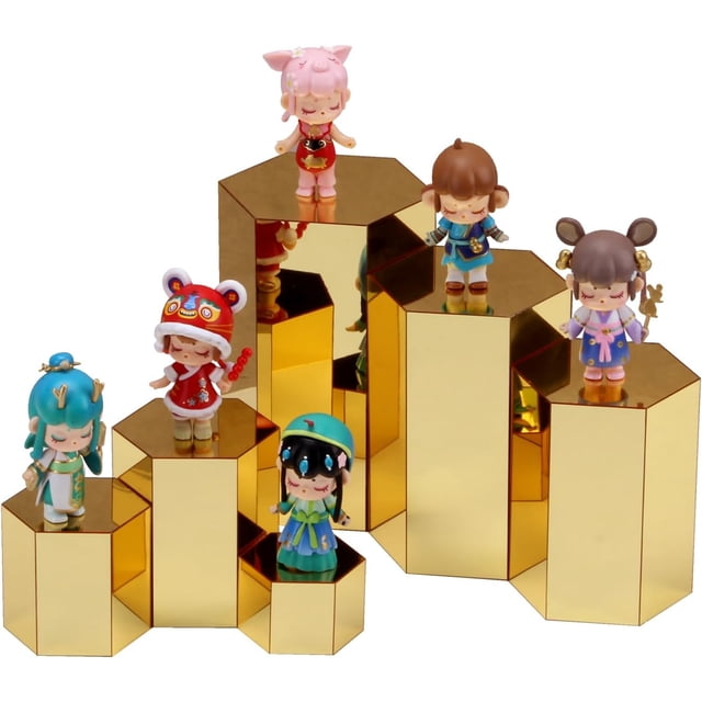 KCGANI Hexagonal Acrylic Stands for Display, Golden Mirror Nesting Risers Stands Tabletop Display Shelf with Hollow Bottom, Combination Riser and Storage Bins for Party Cake Jewelry Figures, 6 Sizes
