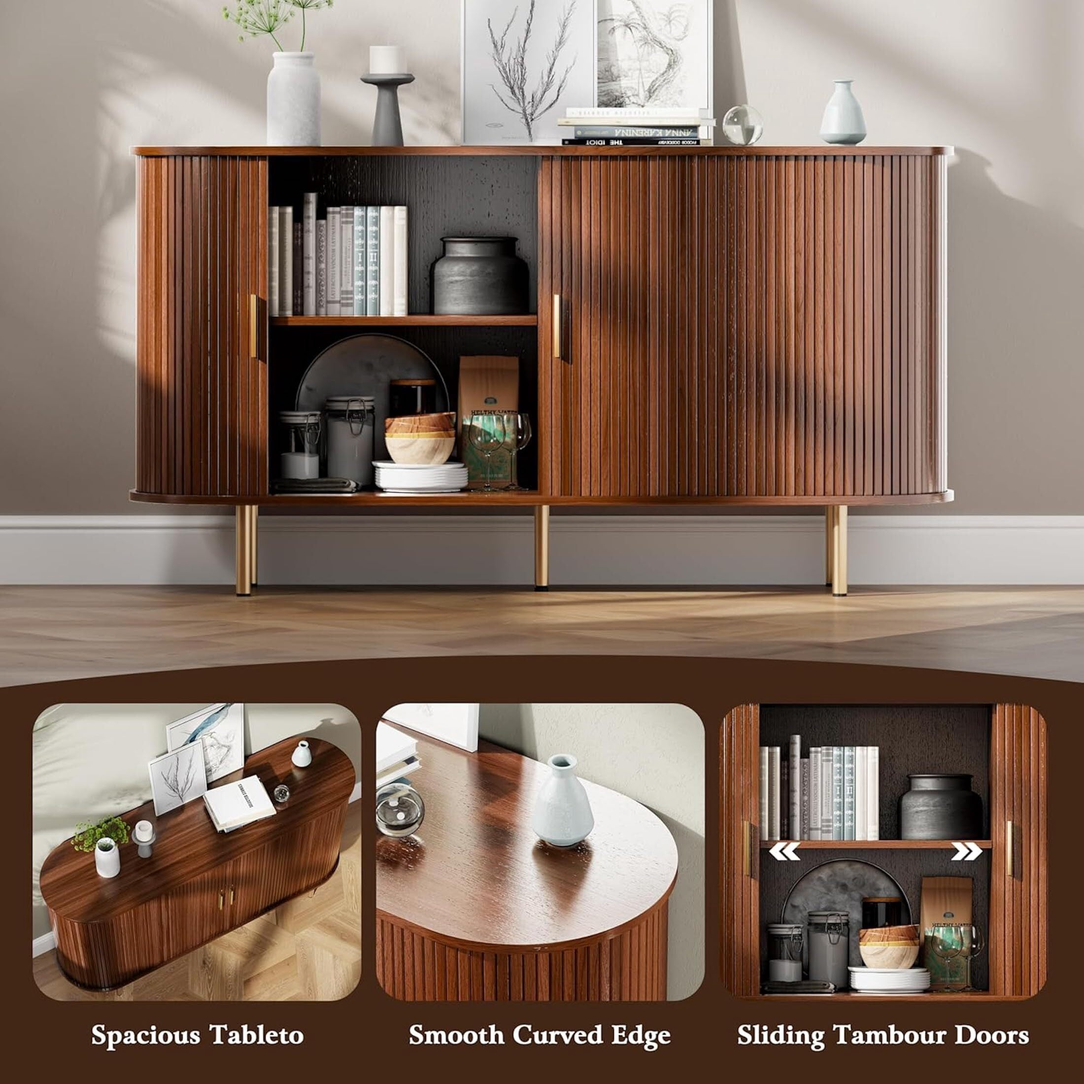 Aisword Sideboard Buffet Cabinet with Storage,Mid Century Modern Fluted Accent Coffee Bar Console Table,Tambour Sliding Doors& Adjustable Shelf for Kitchen, Living Room, Entryway, 55 Inch Walnut