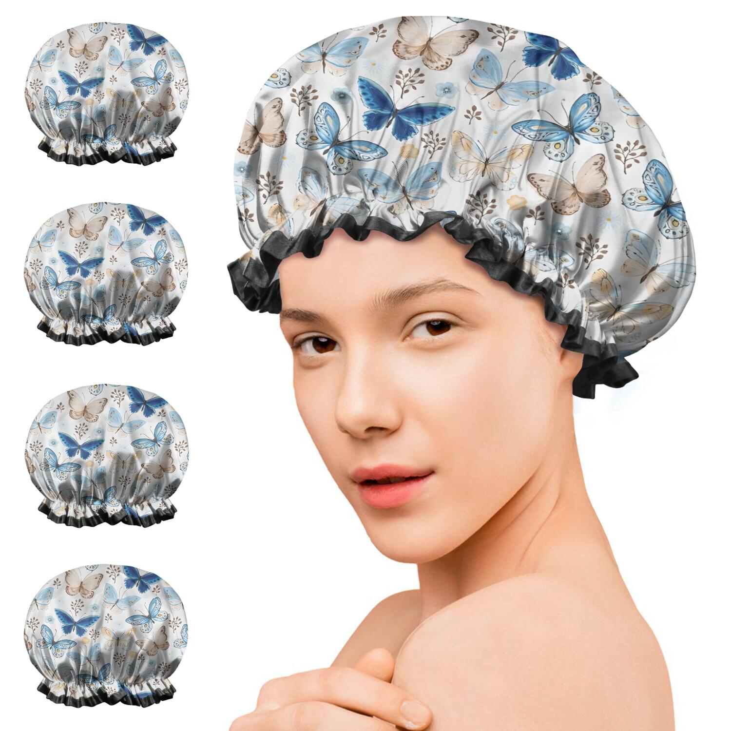 Shower Caps,White Butterfly Flower Pattern Waterproof Shower Cap for Women 4 Pieces,Double Reusable Hair Cover for Shower PEVA Elastic Stretch Hem