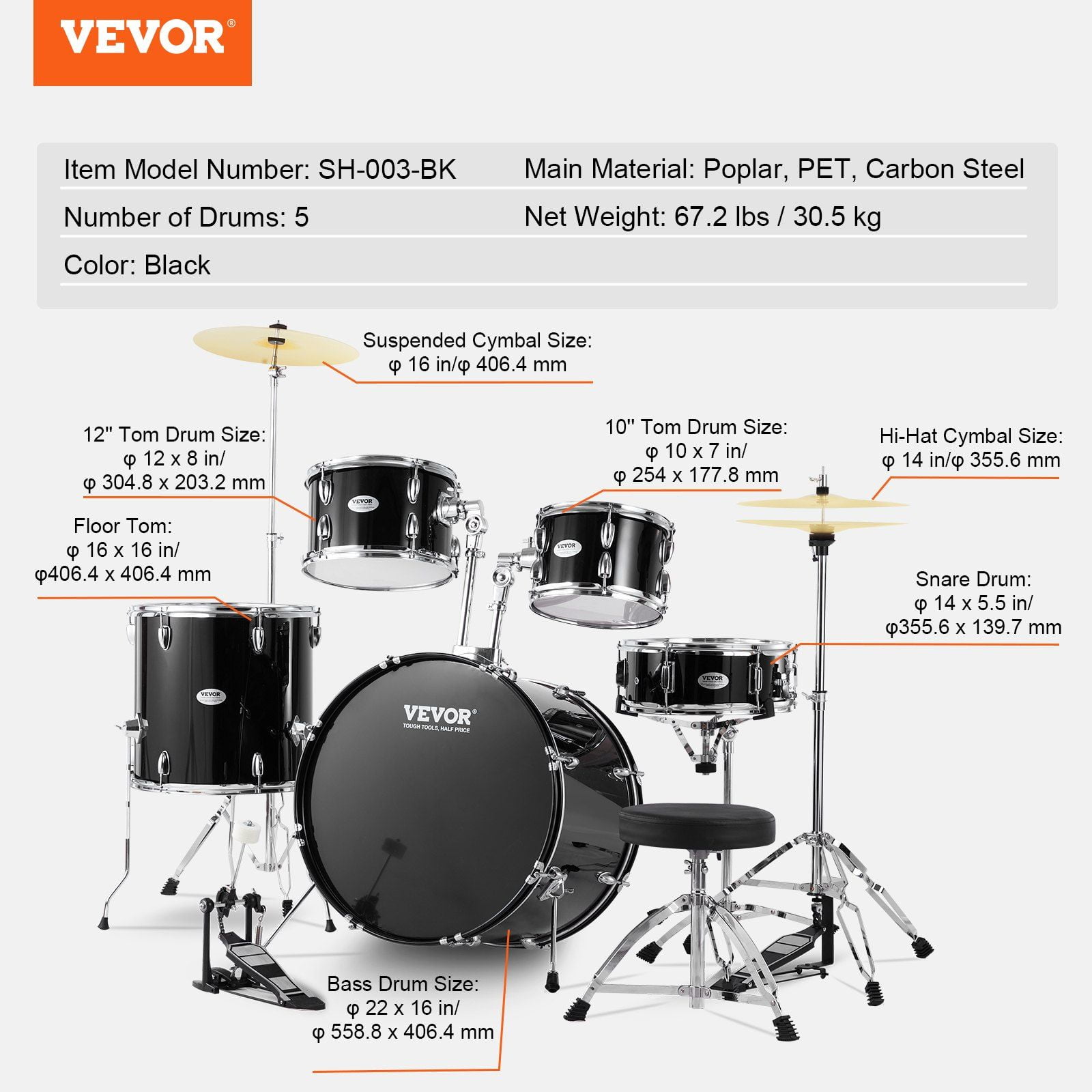 Adult Drum Set 5-Piece - Full Size Drum Kit with Throne, Pedal & Sticks - Beginner to Advanced - 22 Inch Black Drum Set