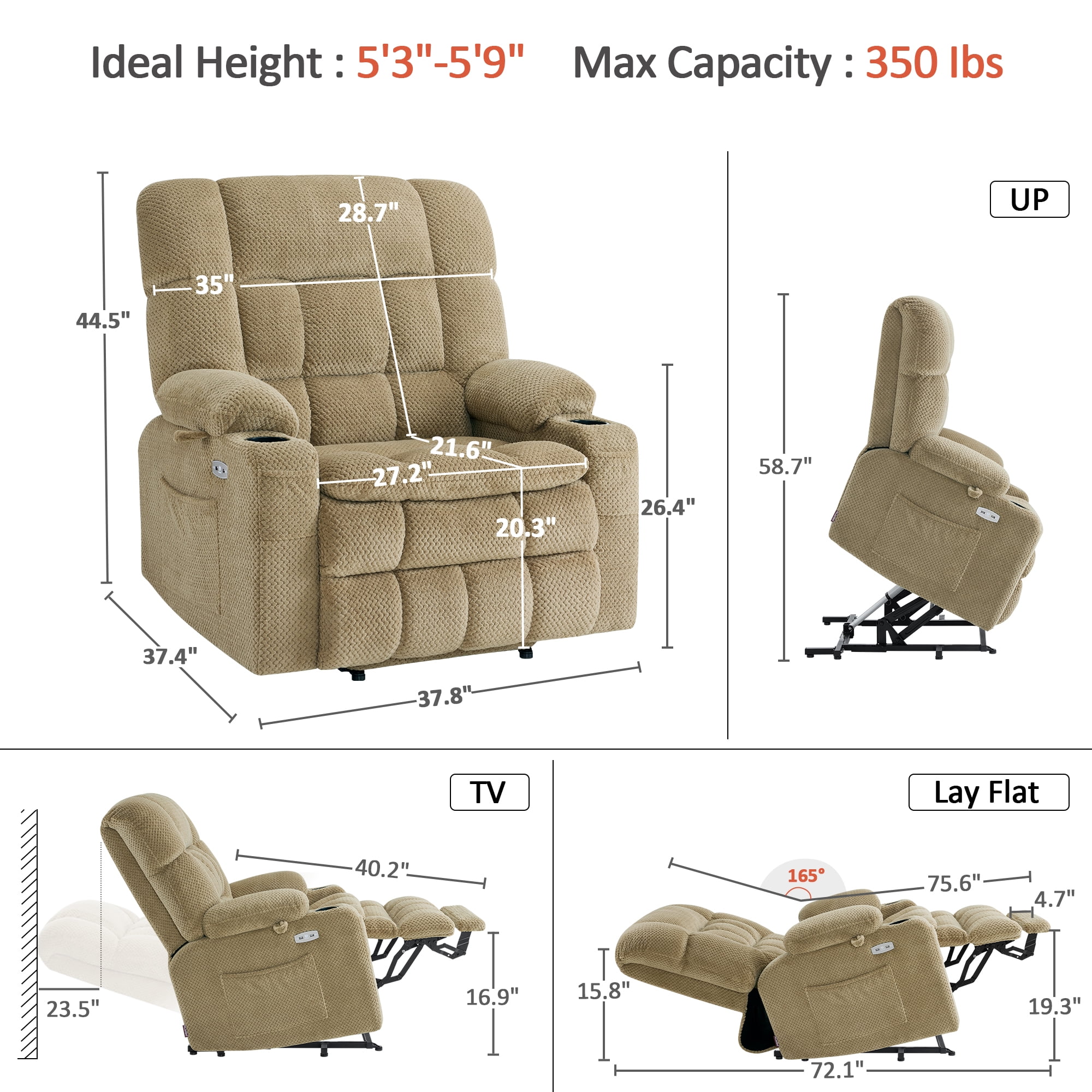 MCombo Oversized 27.2" Seat Width Dual Motor Power Recliner Lift Chair with Vibration and Heat for Height 5'3"-5'9", Infinite Position