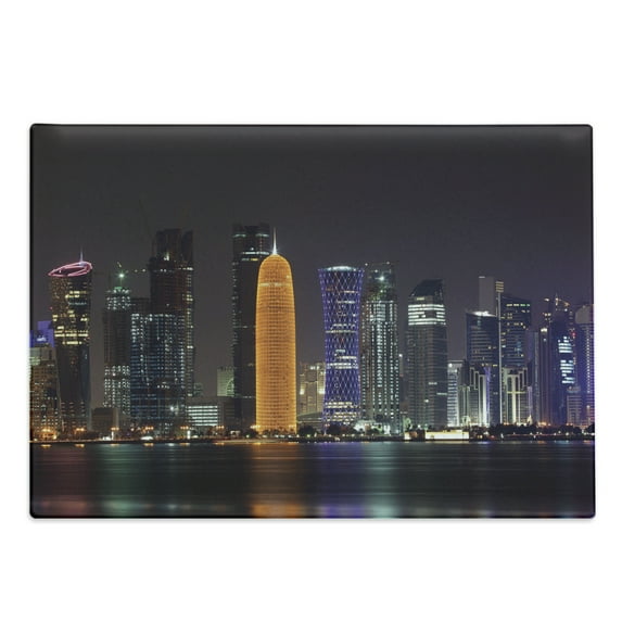 Urban Cutting Board, Qatar Middle East Town with Luminous Skyscraper at Night View, Decorative Tempered Glass Cutting and Serving Board, Large Size, Charcoal Grey Orange, by Ambesonne