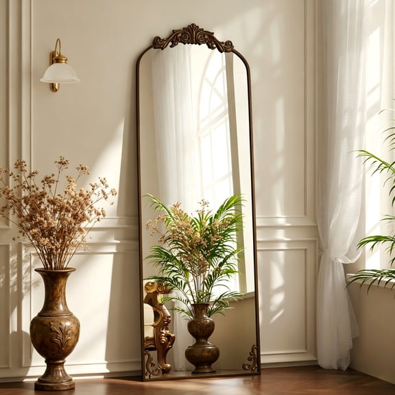 Lumora 21"x64" Vintage Arched Full Length Mirror Antique Carved Floor Mirror, Bronze