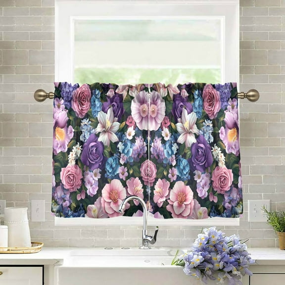 Yayeee Kitchen Curtains Light Filtering 27"x24" Rod Pocket Short Cafe Window Panel, Pink and Purple Flowers