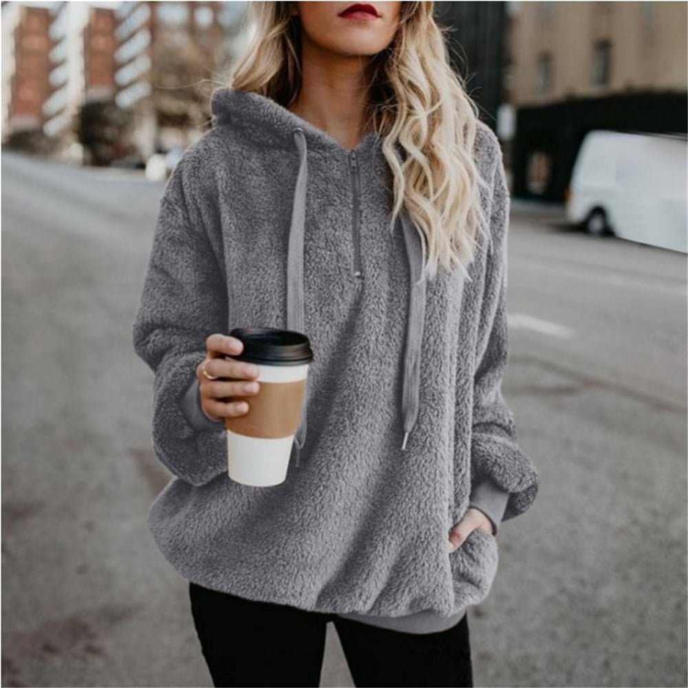 YIhujiuben Womens Fuzzy Fleece Casual Warm Loose Plain Sweatshirt Hooded Pullover