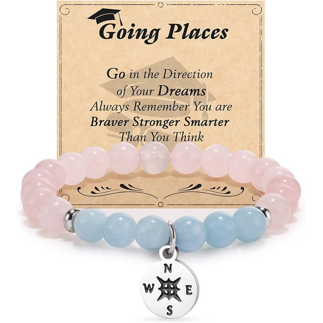 Pulsera con cuentas de cristal para mujer con colgante de brújula