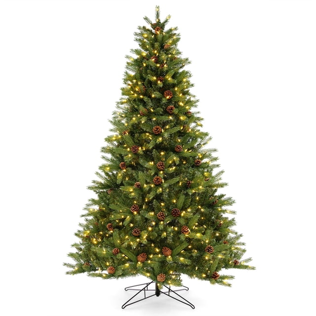 Costway Árbol de Navidad preiluminado de 210 cm, forma rápida de 3 minutos con temporizador y conector de alimentación rápido