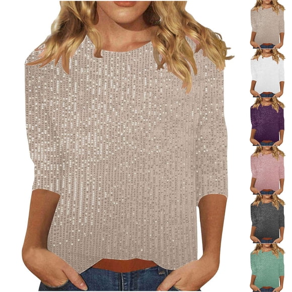 Sentmoon Womens Sparkly Tops Women's T-Shirts Fashion Women's Pullover Shirt with Sequins and Casual Crew Neck 3 4 Sleeve Trendy for Travel & Vacation L