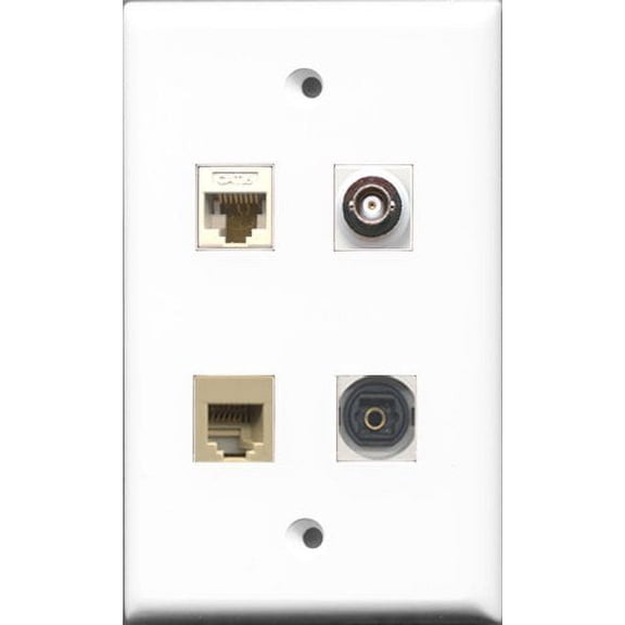 RiteAV 1 Port Phone RJ11 RJ12 Beige and 1 Port Toslink and 1 Port BNC and 1 Port Cat6 Ethernet White Wall Plate