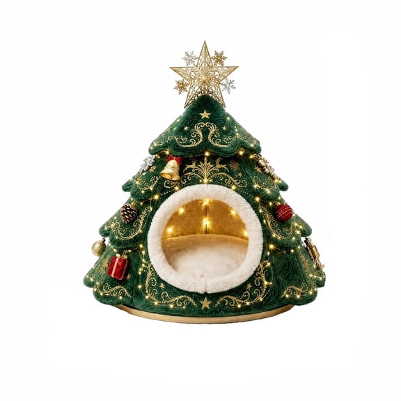 Christmas Tree Puppy Bed, Cozy Enclosed Winter Warm Dog House, Soft Plush Deep Sleep Small Dog Cave and Festive Holiday Pet Supplies