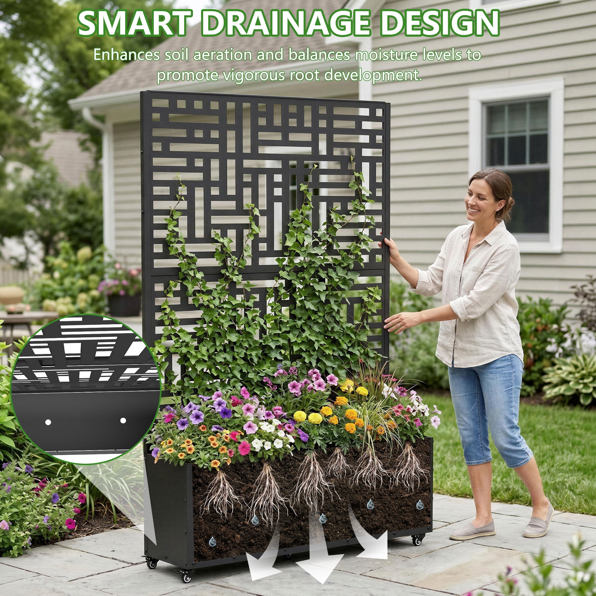 FOOWIN 71'' H Metal Planter with Trellis and Wheels , Outdoor Raised Garden Bed for Climbing Plants, Trellis Planter Box with Drainage Hole, Black