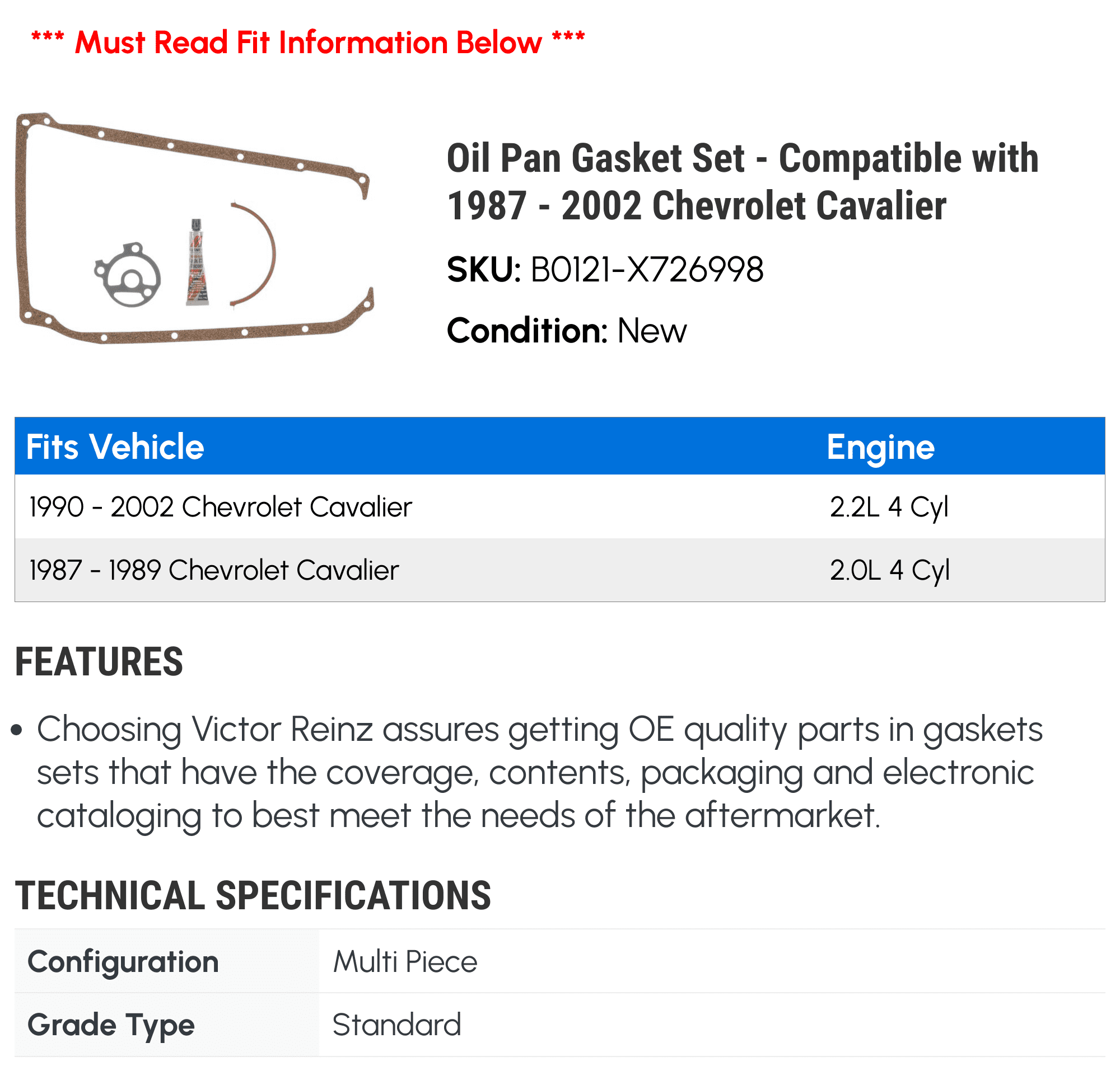 Oil Pan Gasket Set - Compatible with 1987 - 2002 Chevy Cavalier 1988 1989 1990 1991 1992 1993 1994 1995 1996 1997 1998 1999 2000 2001