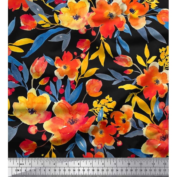 Soimoi Cotton Duck Fabric Leaves & Poppy Flower Printed Fabric 1 Yard 42 Inch Wide