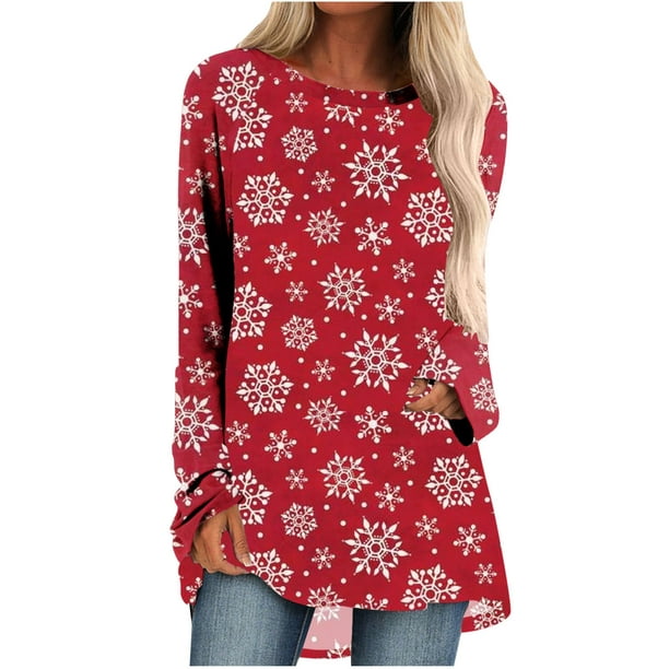 Persuasion Afskrække Brokke sig Womens Casual Christmas Tunic Tops Xmas Snowflake Print Long Blouses Round  Neck Sweatshirt Fall Tops for Leggings - Walmart.com