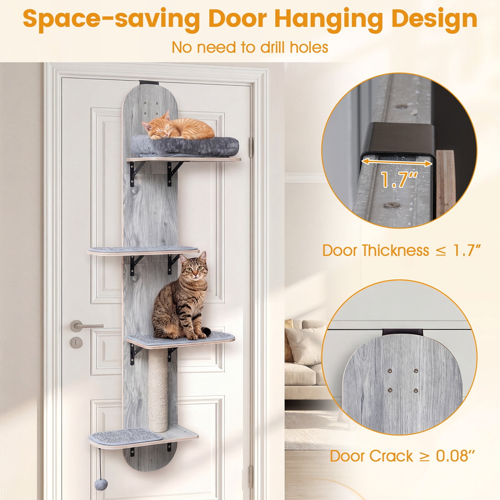 Gymax Door Hanging Cat Climber w/Plush Bed Scratching Post Carpeted Jumping Platforms Grey
