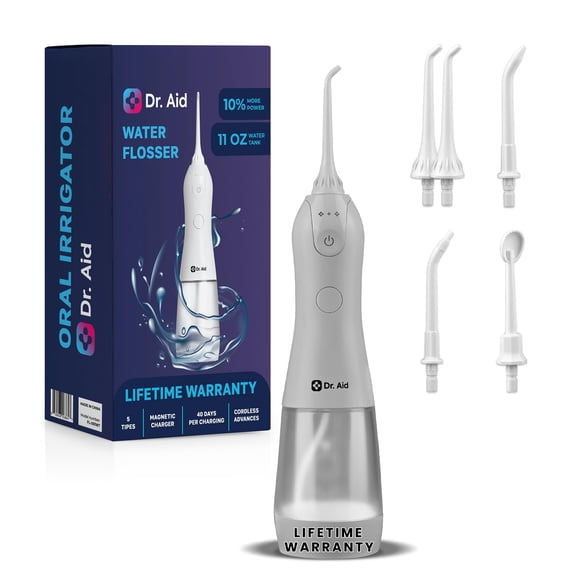 Dr. Aid Dental Water Flosser – Portable Oral Irrigator – 11Oz Tank, Water Filter, 5 Tips, Magnetic Charger – IPX8 Waterproof Cordless Water Flosser, Ideal Water Flossers for Teeth, Gums, Braces,White